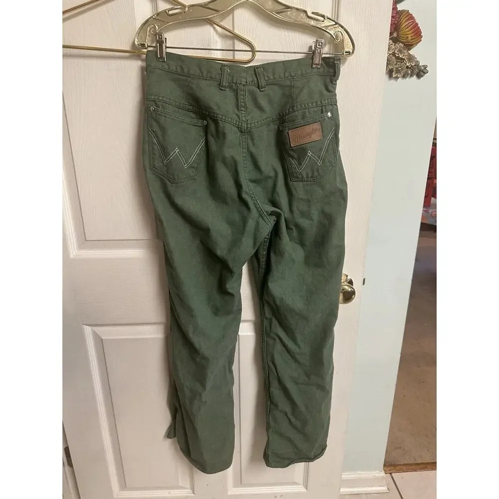 70s Wrangler Misses Jeans Green Denim Snap Button Wide Leg Flare Slim Sz 18 30w - Picture 6 of 9